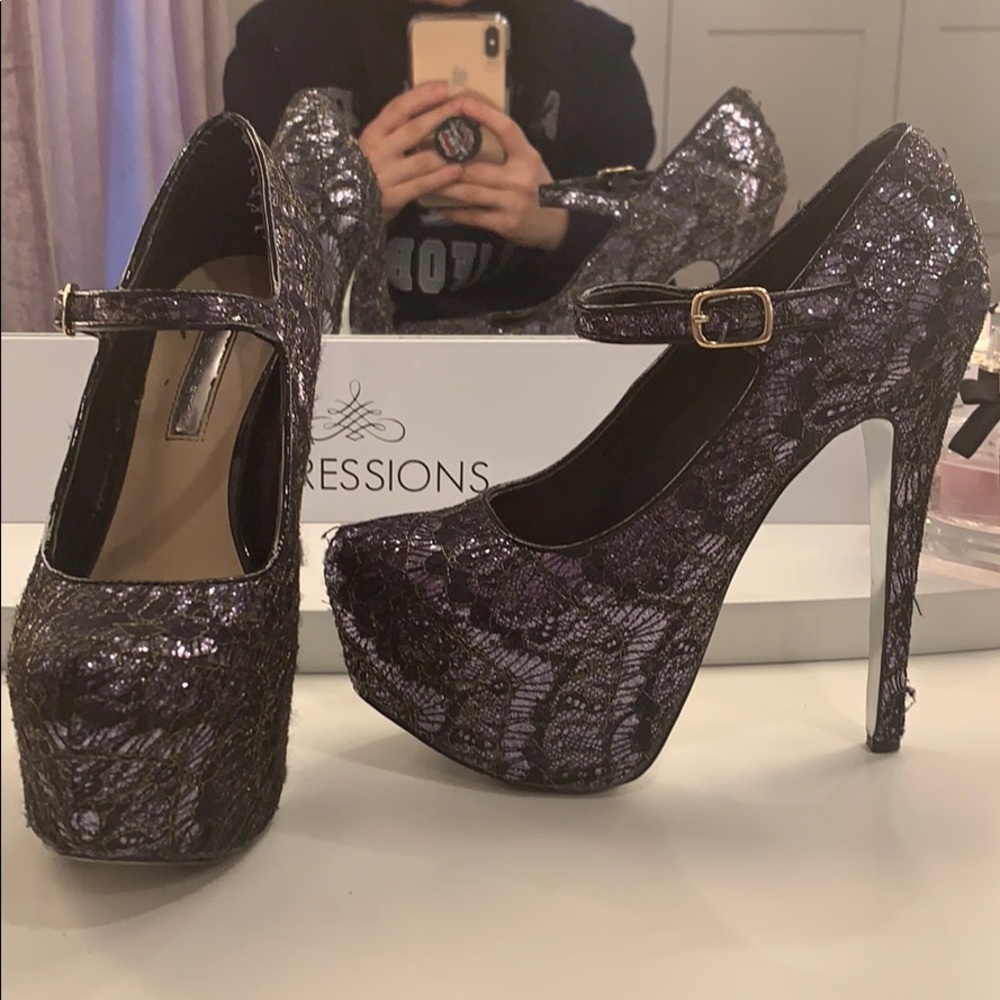 H by Halston silver shoes with black lace overlay